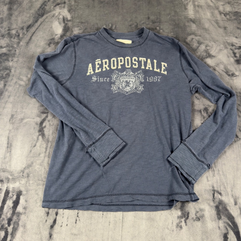 Aeropostale Long Sleeve Shirt Mens Medium Blue Graphic Tee Crew Neck Cotton